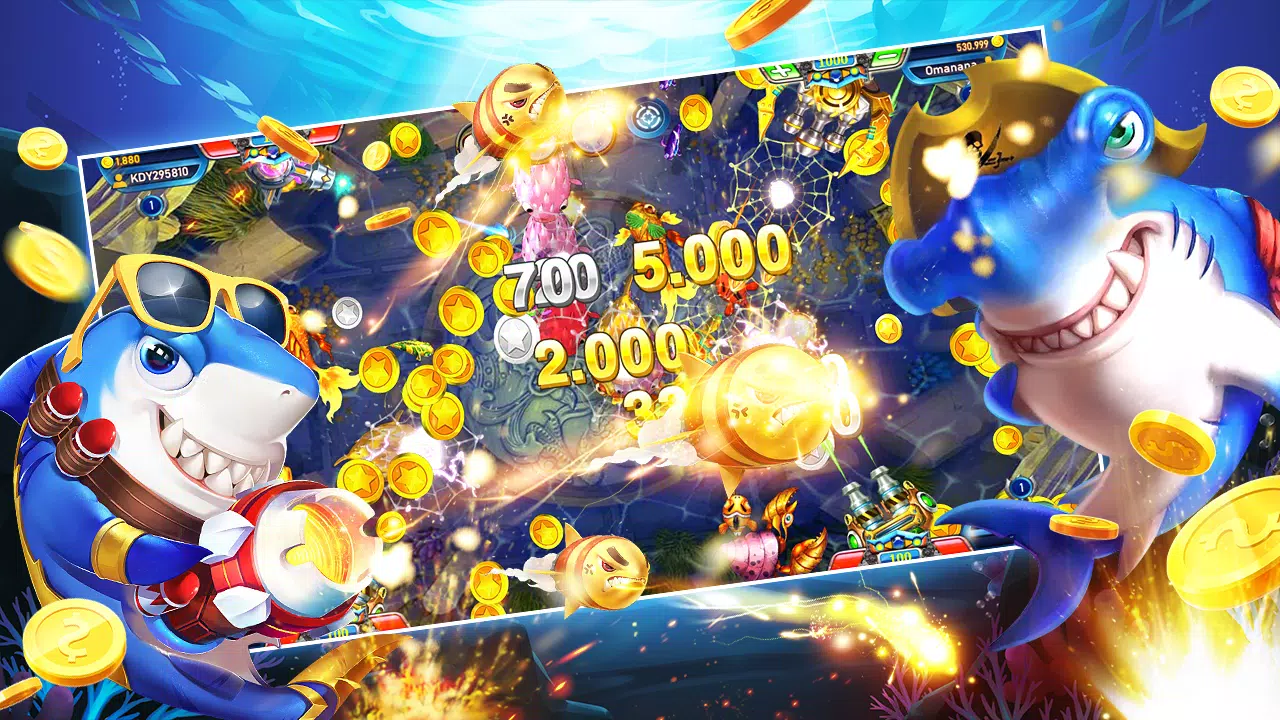หน้าจอเกมยิงปลาฉากใต้น้ำพร้อมเป้าหมายหลากหลาย